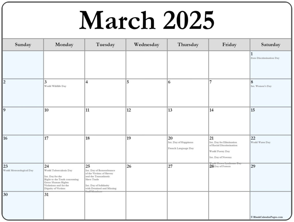 March 2025 With Holidays Calendar