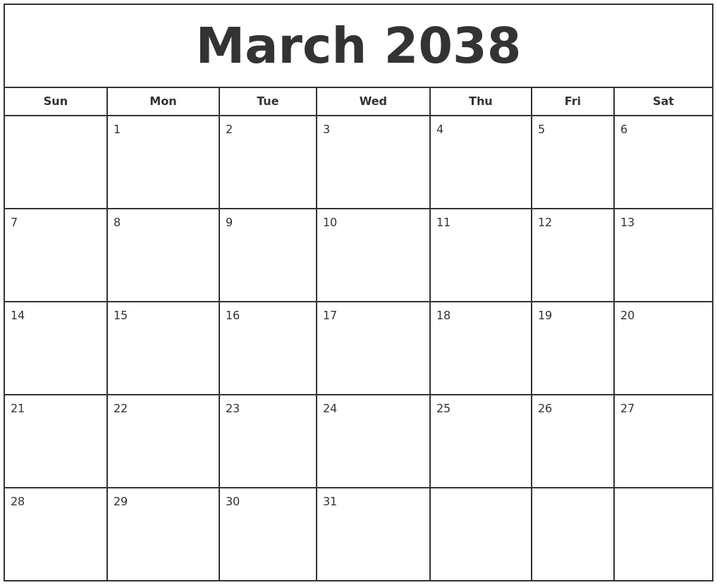 May 2038 Calendar Maker