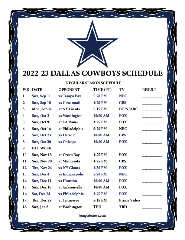 Printable Dallas Cowboys Schedule The Cowboys Are Set To Once Again 