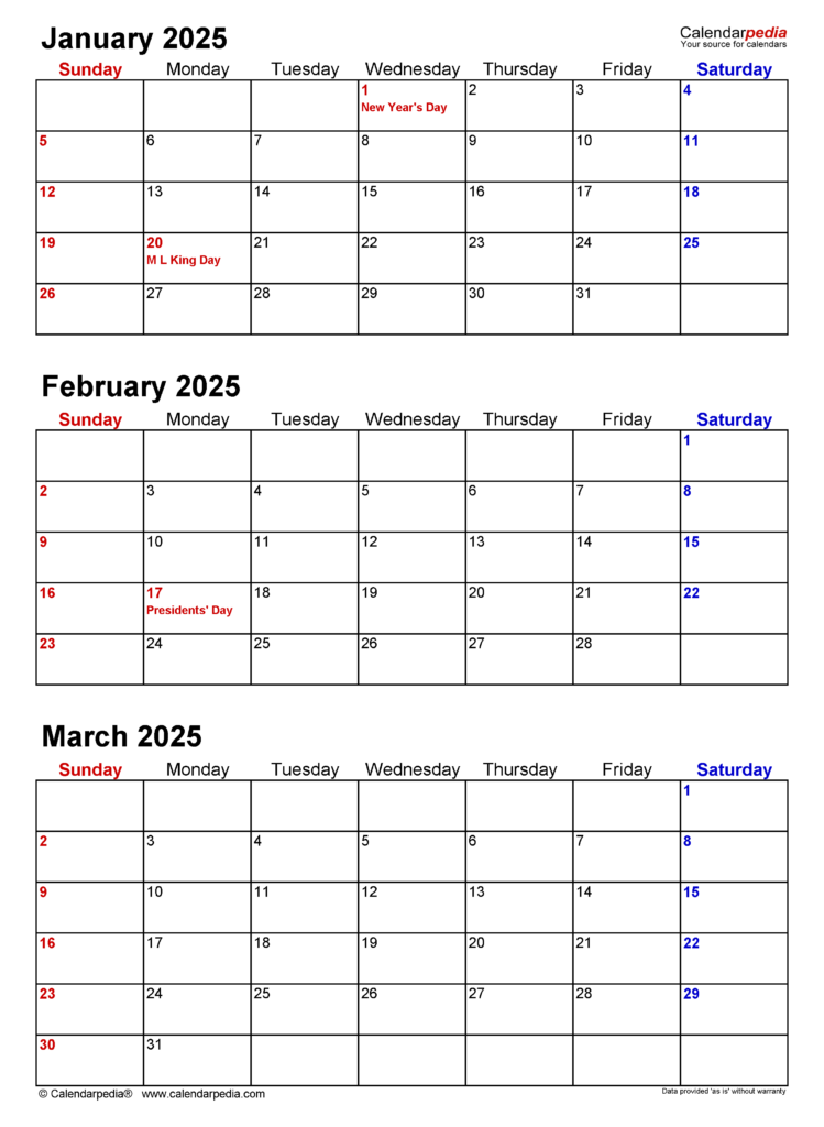 Quarterly Calendars 2025 Free Printable Word Templates