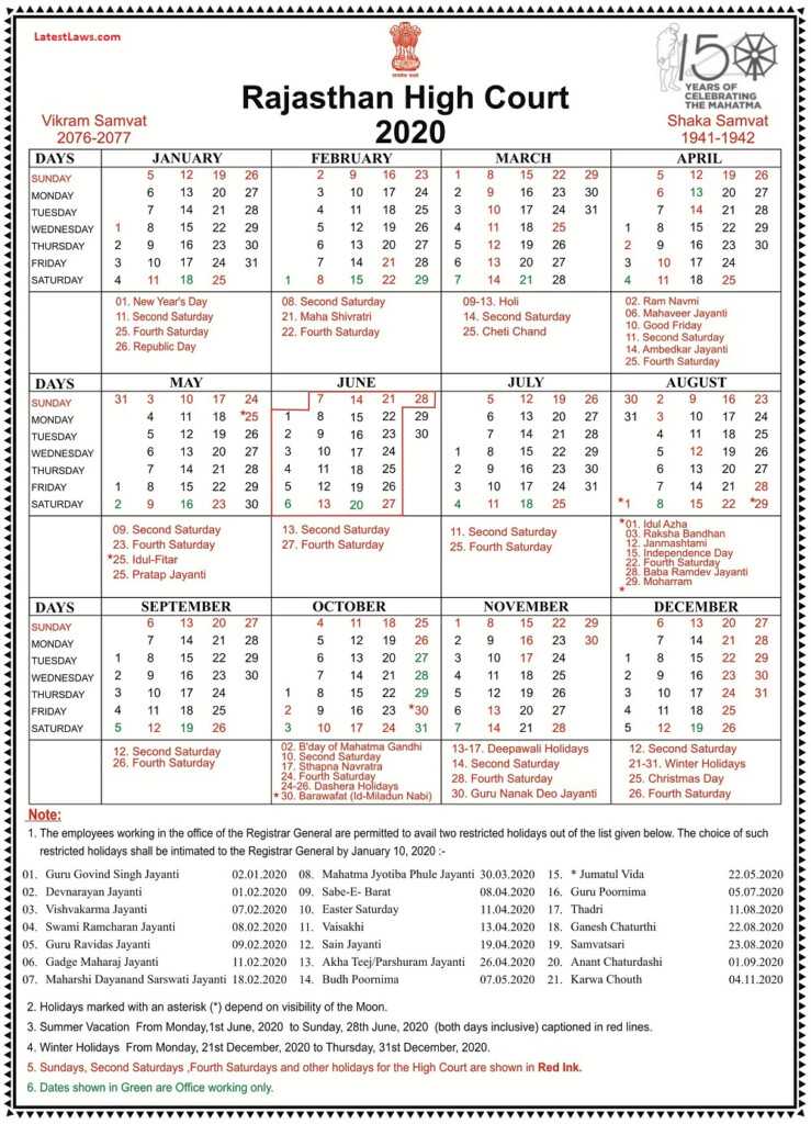 Rajasthan High Court Calendar 2020