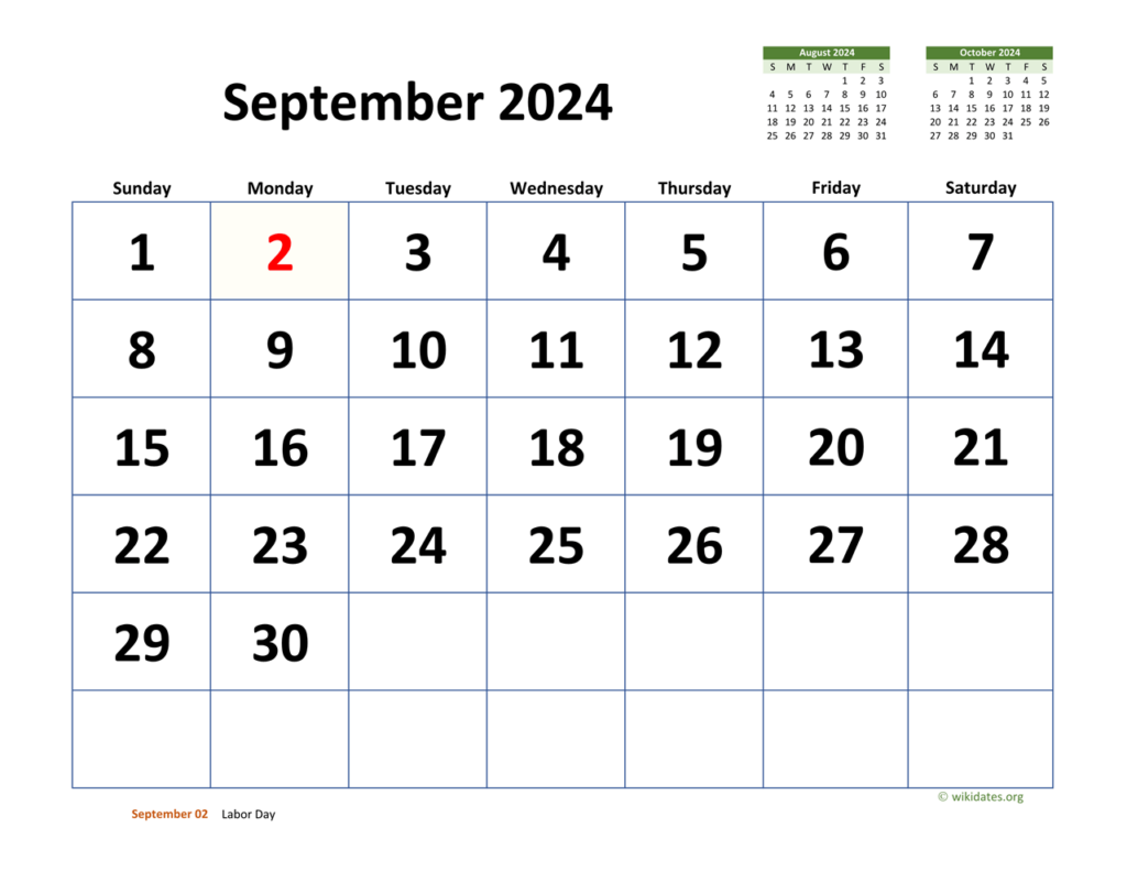 September 2024 Calendar With Extra large Dates WikiDates