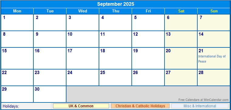 September 2025 UK Calendar With Holidays For Printing image Format