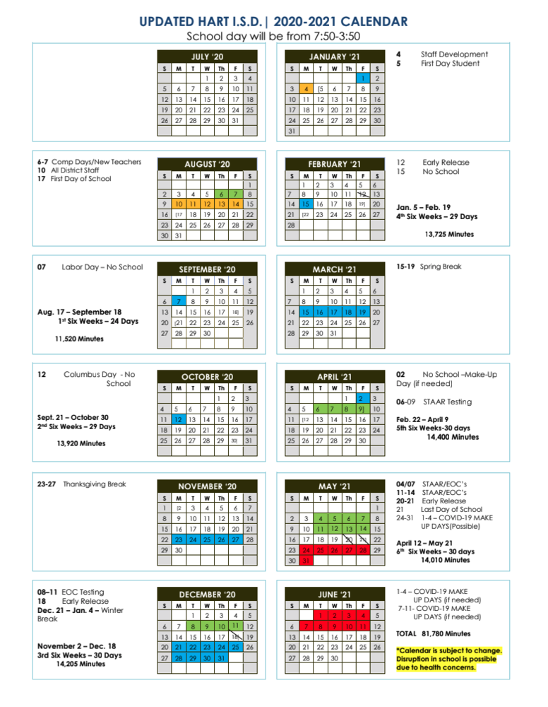 UPDATED Hart ISD 2020 21 School Calendar Hart ISD