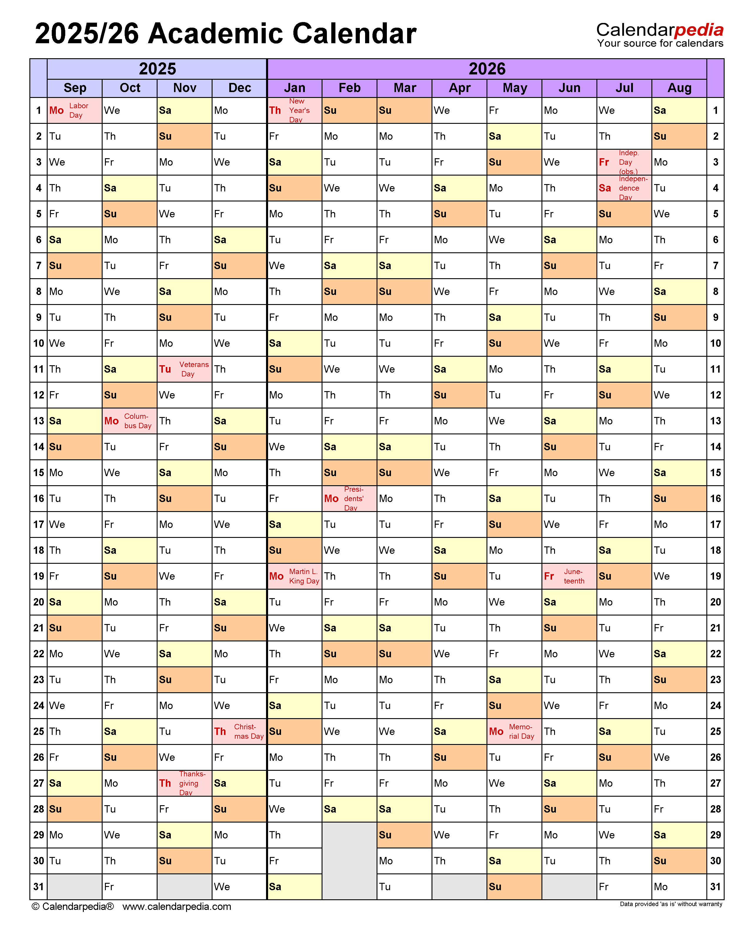 Academic Calendars 2025 2026 Free Printable PDF Templates Web Page