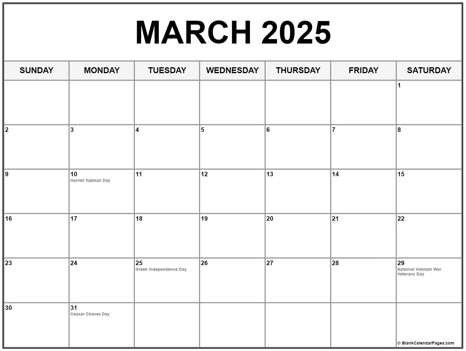 March 2025 With Holidays Calendar Web Page Calendar