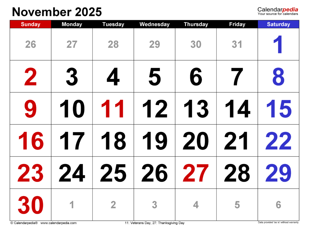 November 2025 Calendar Templates For Word Excel And PDF