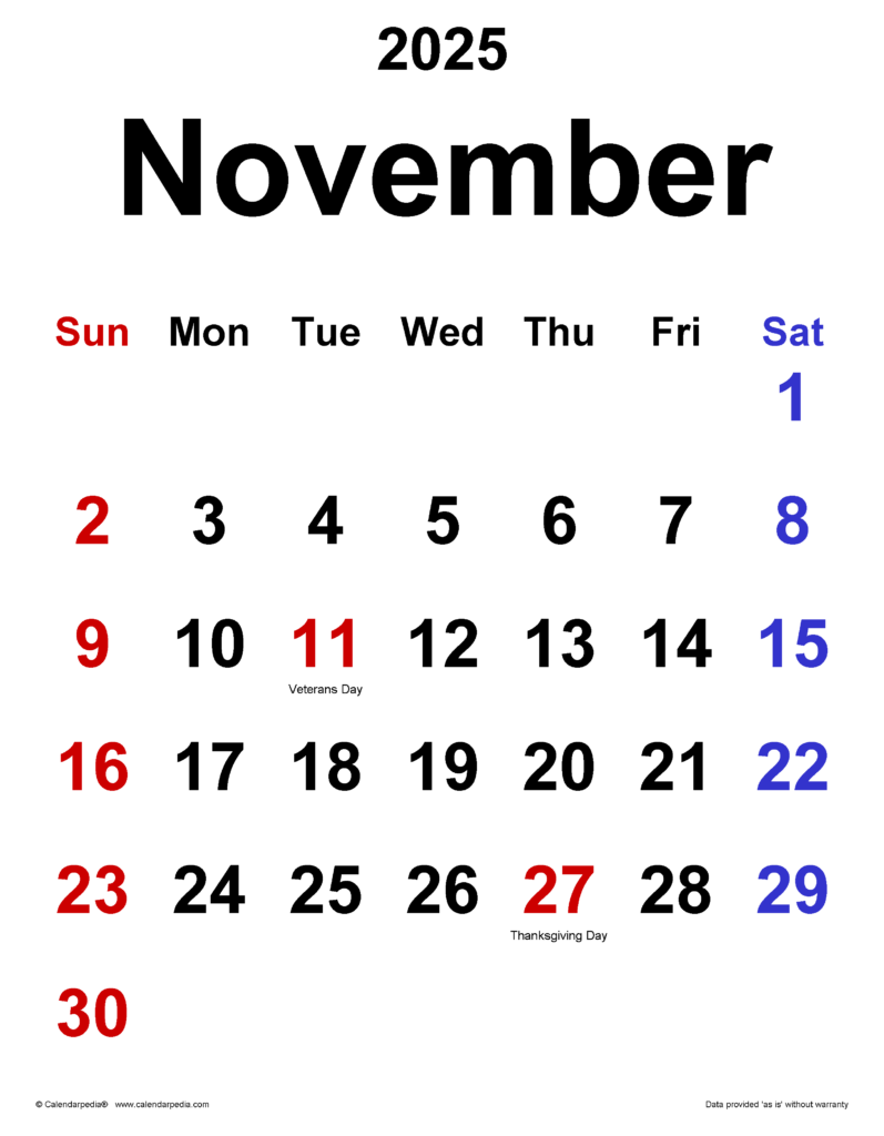 November 2025 Calendar Templates For Word Excel And PDF